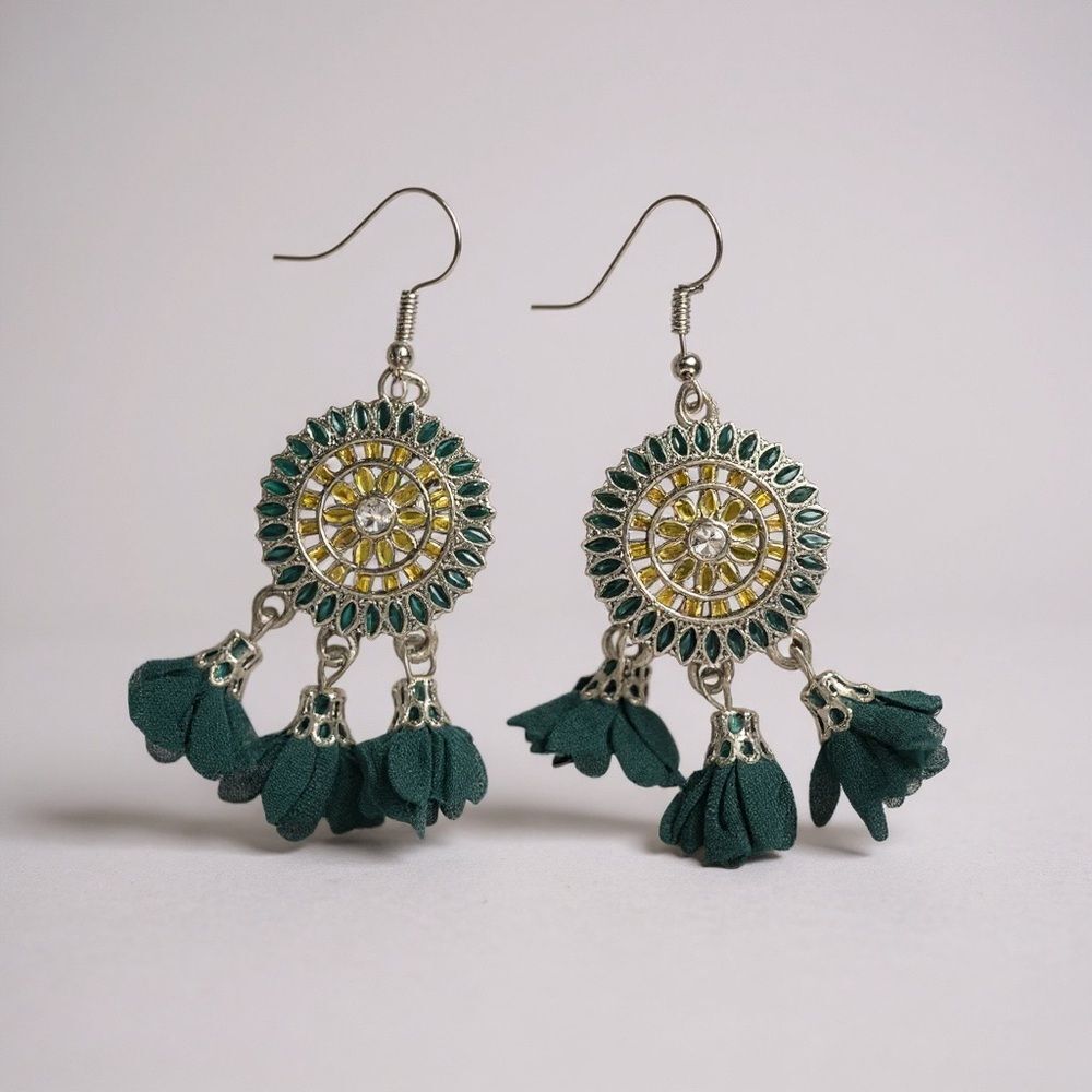 Boho Festival Medallion Tassel Earrings Emerald